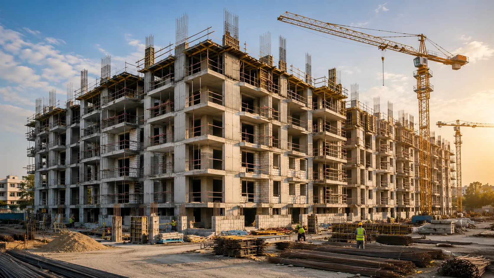 Apartment construction project with multi-story residential building framework, tower cranes, scaffolding, and active concrete construction work in progress.