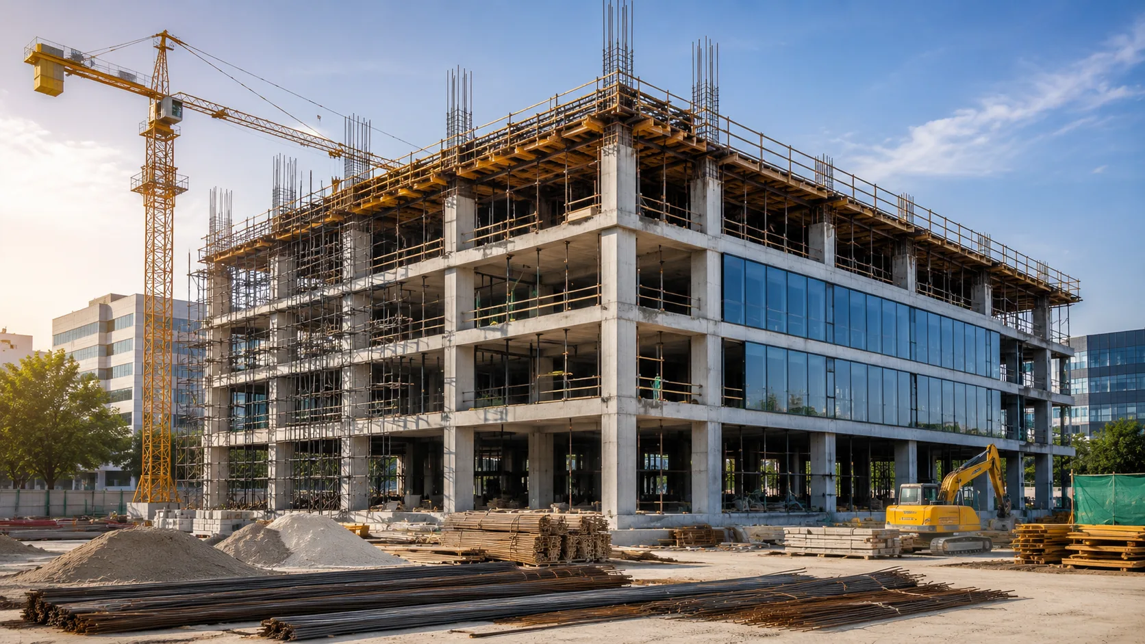 Commercial building construction project with reinforced concrete framework, scaffolding, tower crane, and ongoing office building development work